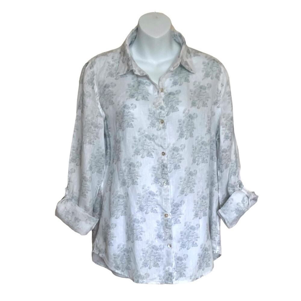 Shabby Chic 100% Linen Floral Print Button Down Shirt Women’s Large